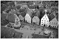 Marktplatz seen from the Rathaus tower. Rothenburg ob der Tauber, Bavaria, Germany ( black and white)