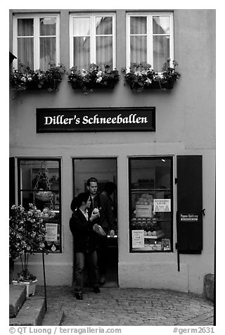 Pastry store specializing Schneeballen, a local specialty. Rothenburg ob der Tauber, Bavaria, Germany (black and white)