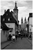 Rathaus, and Neumunsterkirche seen fron Alte Mainbrucke (bridge). Wurzburg, Bavaria, Germany (black and white)