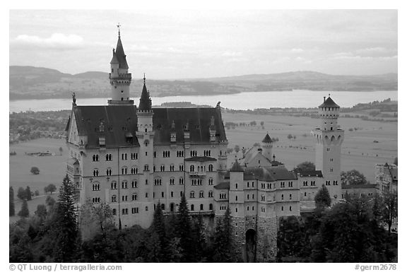 Neuschwanstein, one of the castles built for King Ludwig. Bavaria, Germany (black and white)