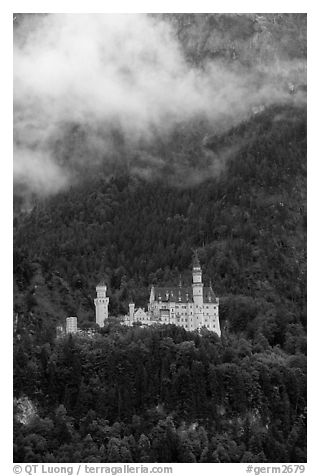 Neuschwanstein, one of the castles built for King Ludwig. Bavaria, Germany (black and white)