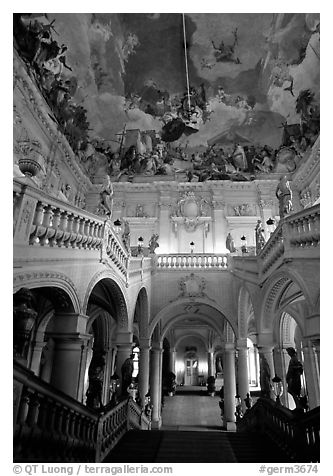 Main staircase and fresco painted by Tiepolo. Wurzburg, Bavaria, Germany (black and white)