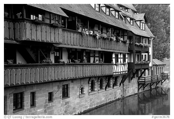 Timbered houses on the canal. Nurnberg, Bavaria, Germany (black and white)