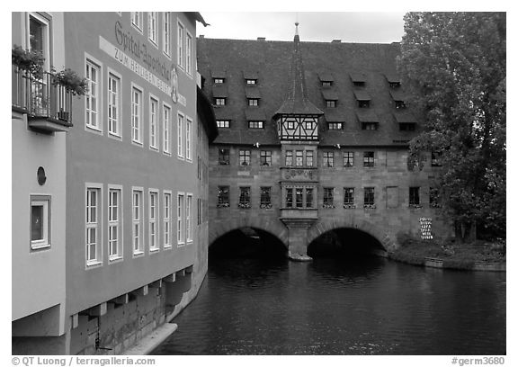 House built accross the river. Nurnberg, Bavaria, Germany (black and white)