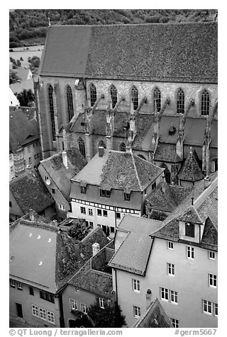 House rooftops and Kirche Sankt-Jakob seen from the Rathaus tower. Rothenburg ob der Tauber, Bavaria, Germany (black and white)