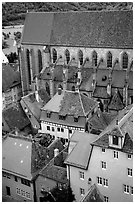 House rooftops and Kirche Sankt-Jakob seen from the Rathaus tower. Rothenburg ob der Tauber, Bavaria, Germany (black and white)