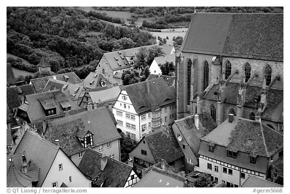 House rooftops and Kirche Sankt-Jakob seen from the Rathaus tower. Rothenburg ob der Tauber, Bavaria, Germany