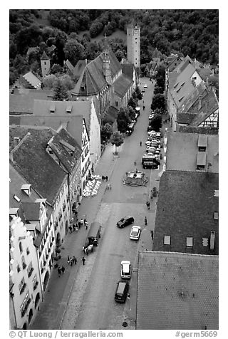 House rooftops and Street seen from the Rathaus tower. Rothenburg ob der Tauber, Bavaria, Germany (black and white)