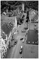 House rooftops and Street seen from the Rathaus tower. Rothenburg ob der Tauber, Bavaria, Germany (black and white)