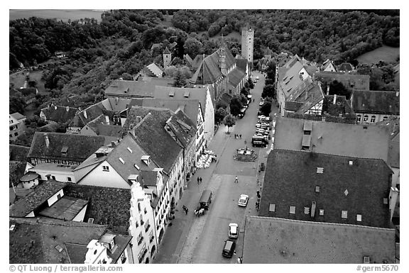 House rooftops and Street seen from the Rathaus tower. Rothenburg ob der Tauber, Bavaria, Germany (black and white)