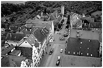 House rooftops and Street seen from the Rathaus tower. Rothenburg ob der Tauber, Bavaria, Germany (black and white)