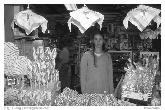 Candy store featuring local specialties in Granna. Gotaland, Sweden (black and white)