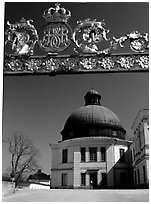 Entrance gate, royal residence of Drottningholm. Sweden (black and white)