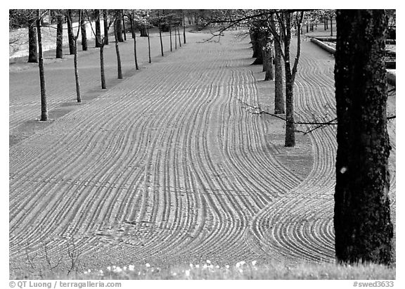 Raked sand in the garden of the 12th century church in Gamla Uppsala. Uppland, Sweden (black and white)