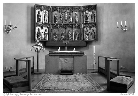 Interior of 12th century Church of Gamla Uppsala. Uppland, Sweden (black and white)