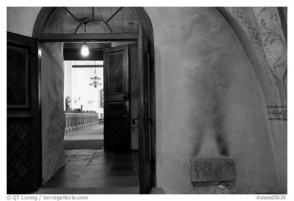 Interior of 12th century Church of Gamla Uppsala. Uppland, Sweden (black and white)
