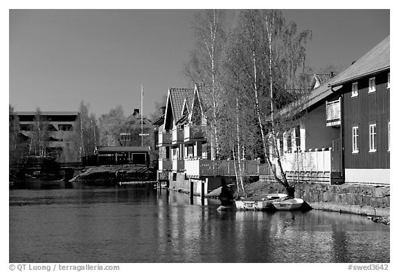 Riverside houses in Fallun. Central Sweden (black and white)