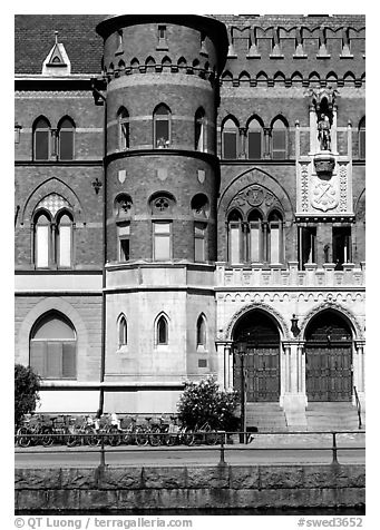 Tower on a building facade. Gotaland, Sweden (black and white)