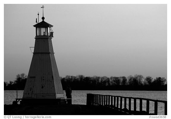 Lighthouse on Vattern Lake, Vadstena. Gotaland, Sweden (black and white)