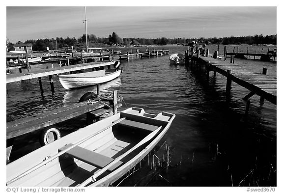 Boats and pier. Gotaland, Sweden (black and white)