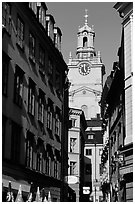 Street and church in Gamla Stan. Stockholm, Sweden (black and white)