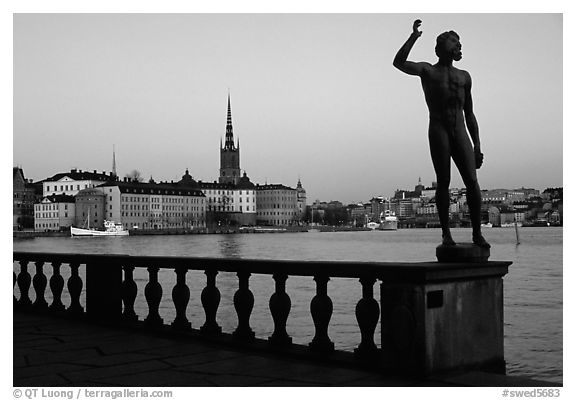 View of Gamla Stan with Riddarholmskyrkan from the Stadshuset. Stockholm, Sweden (black and white)