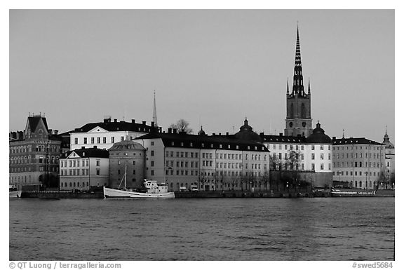 View of Gamla Stan with Riddarholmskyrkan. Stockholm, Sweden (black and white)