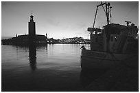 Fishing boat and Stadshuset. Stockholm, Sweden (black and white)