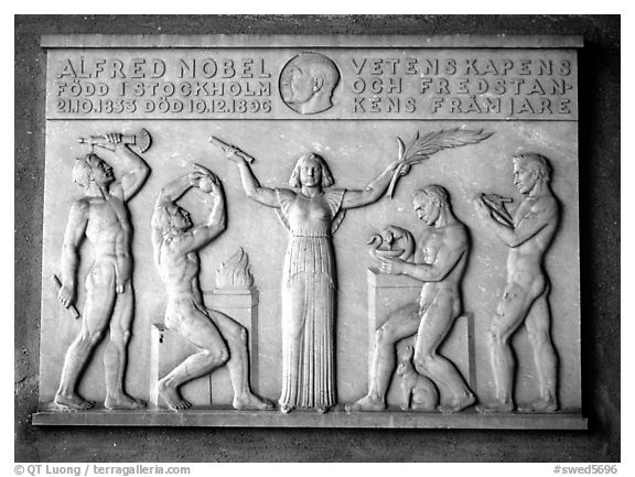 Bas relief in the Stadshuset commemorating Alfred Nobel. Stockholm, Sweden (black and white)