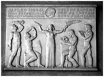 Bas relief in the Stadshuset commemorating Alfred Nobel. Stockholm, Sweden ( black and white)