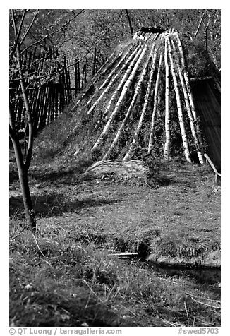 Traditional hut covered with grass, Skansen. Stockholm, Sweden (black and white)