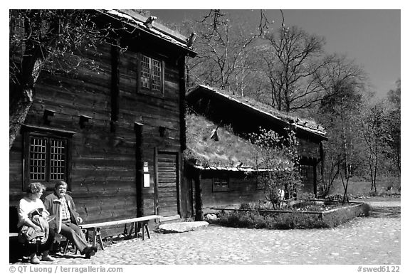 Traditional house with roof covered in grass, Skansen. Stockholm, Sweden (black and white)