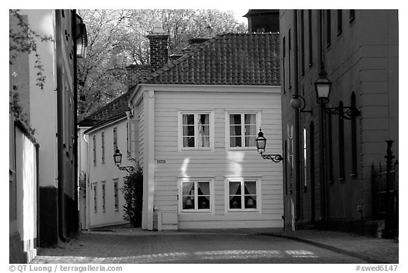 Streets in old town, Vadstena. Gotaland, Sweden (black and white)