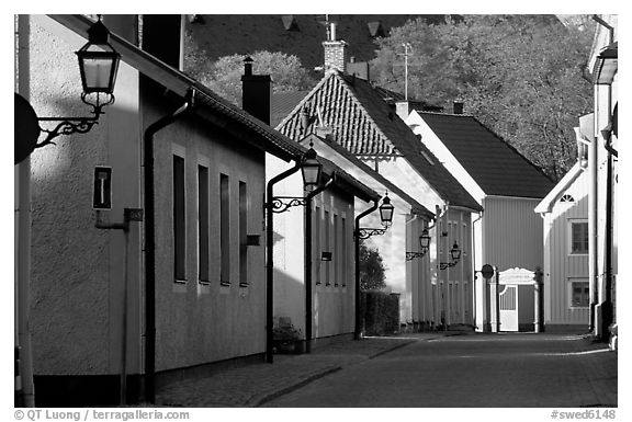 Streets in old town, Vadstena. Gotaland, Sweden (black and white)