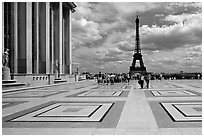 Eiffel tower seen from the marble surface of Parvis de Chaillot. Paris, France (black and white)