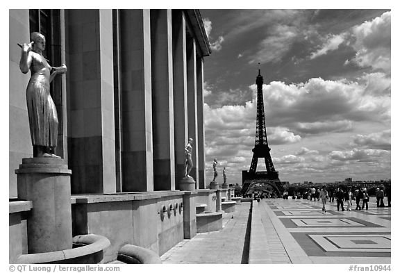 Maillol sculpture, Palais de Chaillot, and Eiffel tower. Paris, France (black and white)