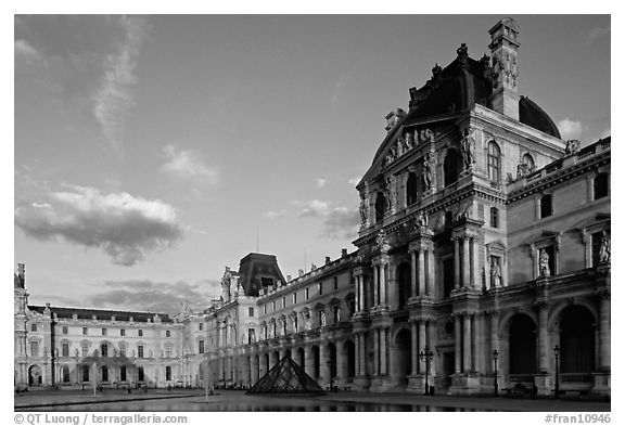 Denon Wing of the Louvre at sunset. Paris, France (black and white)