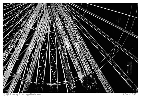 Detail of Ferris wheel at night, Tuileries. Paris, France (black and white)
