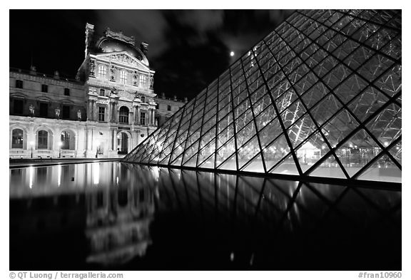 Louvre, Pyramid, basin,  at night. Paris, France (black and white)