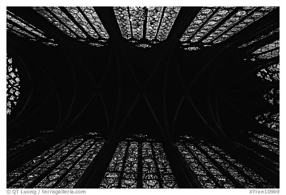 Ceiling and stained glass of Upper Holy Chapel. Paris, France (black and white)