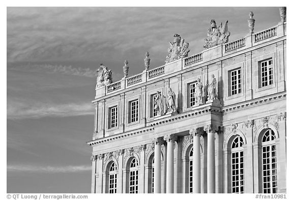Detail of facade, late afternoon. France (black and white)