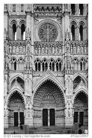 Frontal view  of Notre Dame Cathedral west facade, Amiens. France (black and white)
