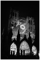 Cathedral facade illuminated at night, Amiens. France (black and white)