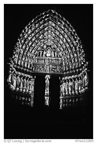 Door of Cathedral laser-illuminated to recreate original colors, Amiens. France (black and white)