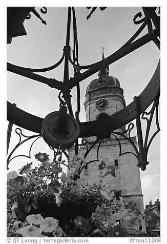 Flowers and clock tower,  Amiens. France (black and white)