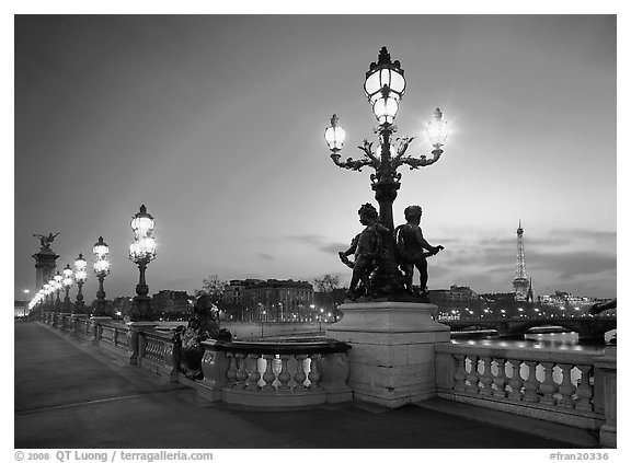 Lamps on Alexandre III bridge at sunset. Paris, France (black and white)