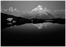 Aiguille Verte reflected in pond at dusk, Chamonix. France ( black and white)