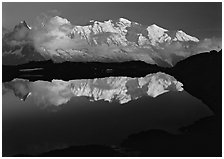 Mont Blanc reflected in pond at sunset, Chamonix. France (black and white)