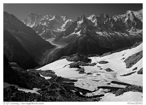 Frozen Lac Blanc, and Mont-Blanc Range, morning, Chamonix. France (black and white)