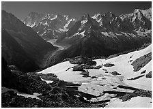 Frozen Lac Blanc, and Mont-Blanc Range, morning, Chamonix. France (black and white)